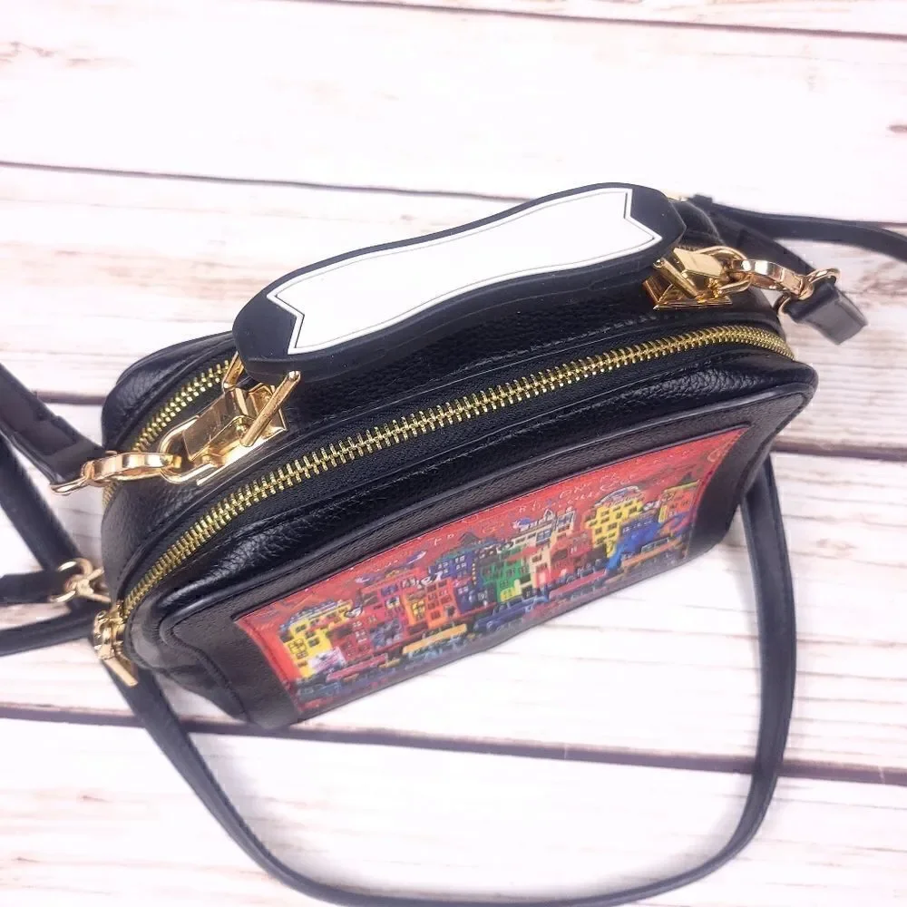 Derimod Small Black Red Faux Leather Crossbody Bag Cityscape Box Purse